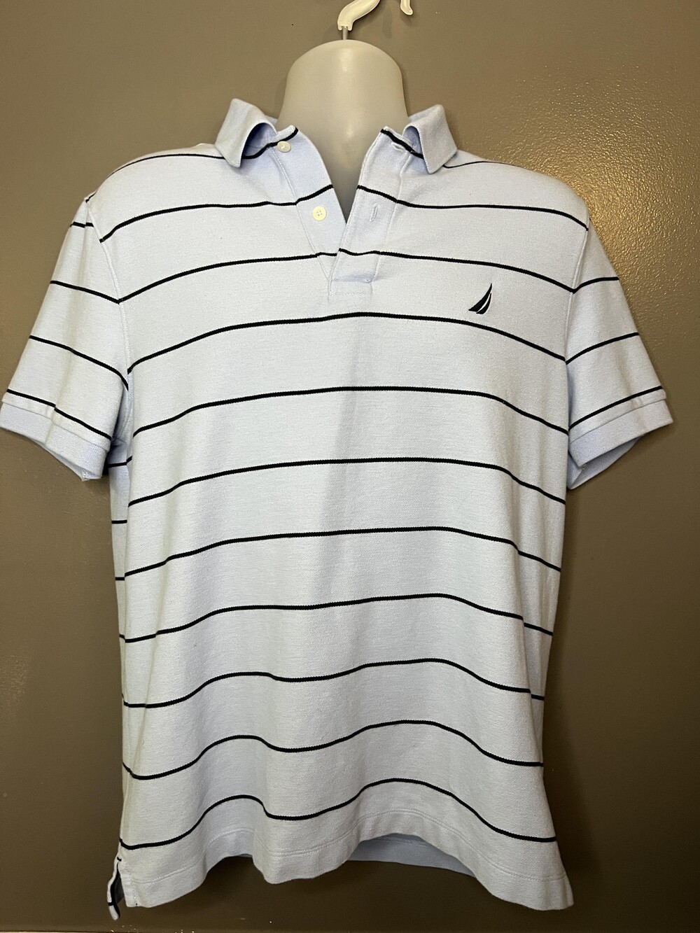 Nautica Polo Shirt Mens Large Light Blue Stripe Performance Deck Classic Fit